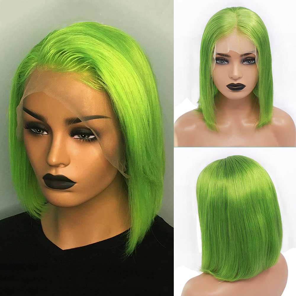Beaudiva Neo Green Short Bob Lace Front Wig Straight Human Hair Wigs
