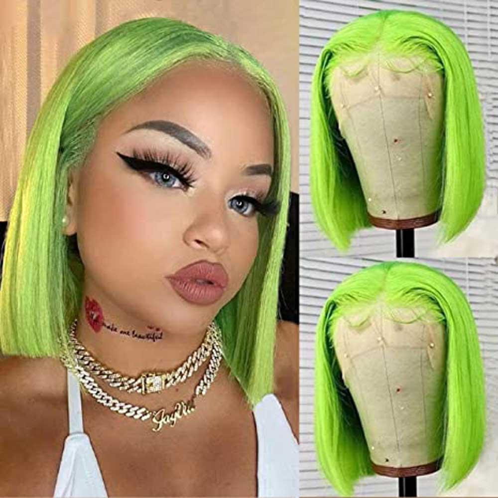 Beaudiva Neo Green Short Bob Lace Front Wig Straight Human Hair Wigs