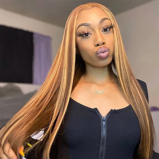 【HS】Highlight 5X5 Bone Straight Lace Closure Wig Colored Human Hair Wigs Pre Plucked Bleached Knots