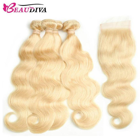 Beaudiva Hair 613 Blonde Body Wave 3 Bundles With Lace Closure Virgin Remy Human Hair